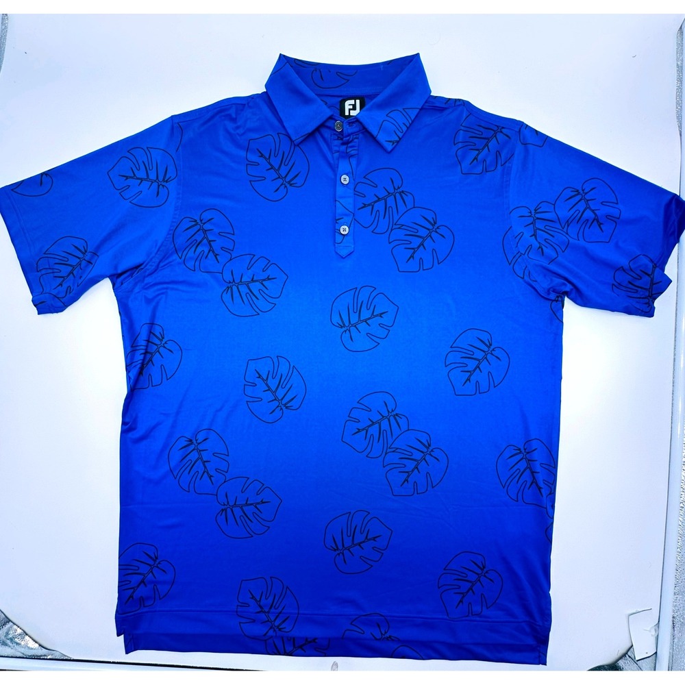 FootJoy Mens XL Blue Monstera Leaf Print ProDry Performance Golf Polo Shirt - Picture 2 of 10